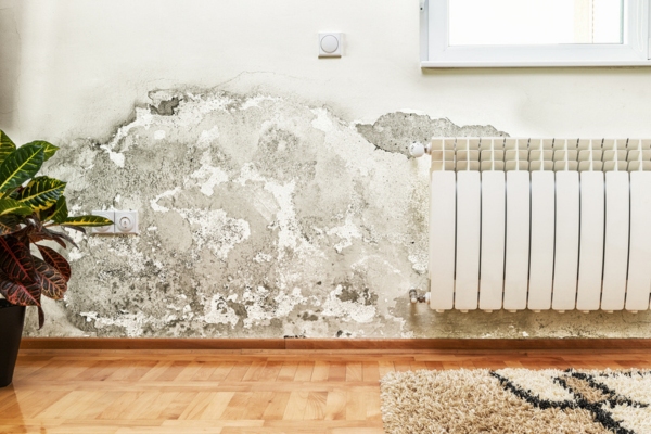 Mold and moisture buildup on wall of a house