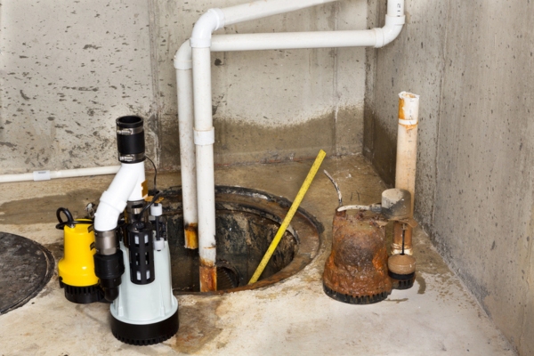 image of an old sump pump replacement in a basement